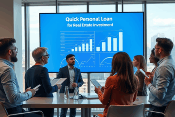 An image showing a person reviewing real estate investment options with financial documents and a calculator, symbolizing quick personal loans.