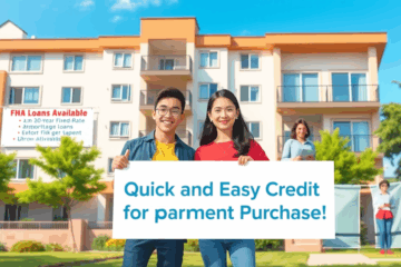 A happy couple reviewing financial options for buying an apartment