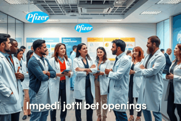 A diverse group of professionals working collaboratively at Pfizer, representing various fields and opportunities available.