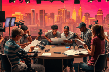 A diverse group of Production Assistants actively working on a film set, showcasing teamwork and creativity.