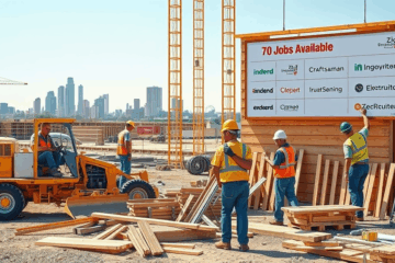 An image showcasing various construction workers on a job site, emphasizing the availability of jobs in construction.