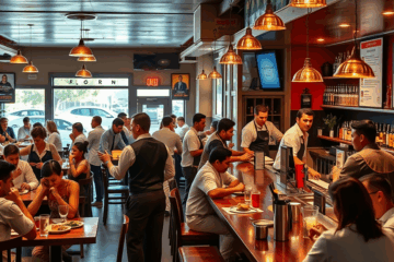 A vibrant image showcasing waiters and bartenders in action at a busy restaurant.