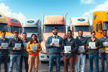 An illustration of a truck driver on the road, highlighting immediate job opportunities.