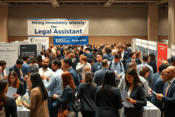 Graphic showcasing various legal assistant job opportunities available immediately.