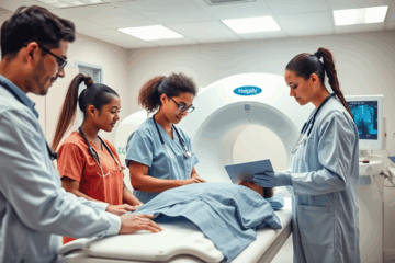 A Radiology Technician performing an imaging procedure in a healthcare facility.