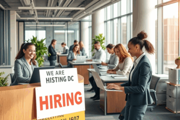 A professional office setting showcasing immediate openings for Office Assistant positions.