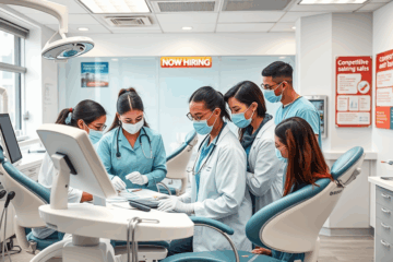 A dental health technician assisting a patient in a clinic.