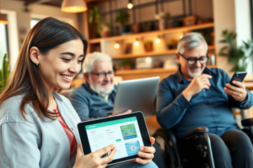 A person using a digital device to access financial services, representing the theme of accessible digital credit for all profiles.