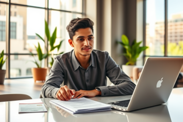 A person reviewing documents for a credit application with minimal paperwork.