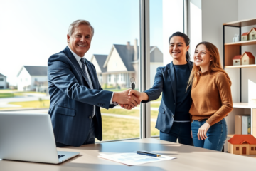 Financial advisor shaking hands with young couple in modern office confirming property-secured credit approval for flexible funding