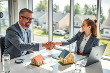 Confident professional shaking hands with client in modern bank office symbolizing fast access to funds through property-secured credit