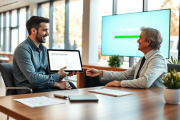 Young couple meeting a friendly mortgage loan officer in a modern office during a fast, hassle-free mortgage loan application process