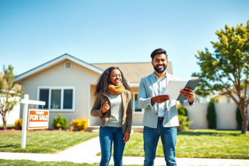 Diverse young couple outside affordable suburban home with real estate agent handing keys, symbolizing accessible home financing