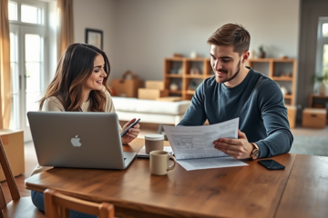 Young couple discussing personal loan for home-buying expenses at dining table in bright modern home with renovation plans and laptop
