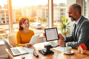 Young couple discussing personal loans for real estate expenses with loan officer in a bright modern office with cityscape view