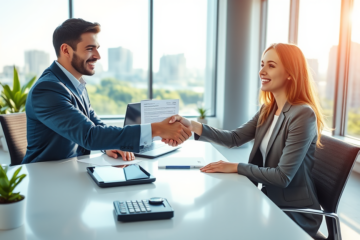 Young woman receiving fast approval for emergency credit in a bright modern loan office with smiling loan officer and urban background