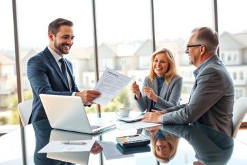 Mortgage loan officer happily handing contract and house keys to a middle-aged couple in a bright modern office, symbolizing fast mortgage credit funding