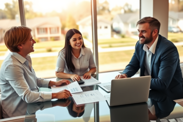 Middle-aged loan officer helping a young couple review mortgage loans in a bright modern bank office overlooking suburban homes