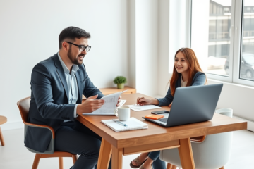 Young couple consulting a financial advisor about a mortgage credit application for lower monthly payments in a modern office setting