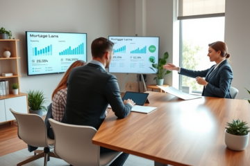 Young couple discussing flexible mortgage loan options with advisor in a bright modern finance office setting