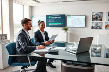 Professional couple receiving fast approval for apartment purchase credit in a modern real estate office with loan officer and digital screens