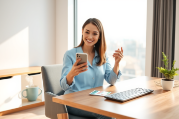 Young woman using smartphone for instant loan application at a bright home office desk with natural sunlight and modern decor