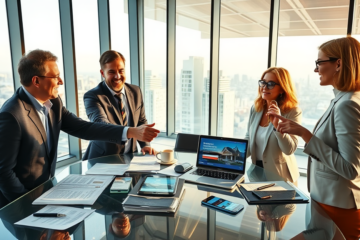 Diverse professionals closing a real estate deal quickly in a bright modern office with documents and digital devices highlighting fast funding