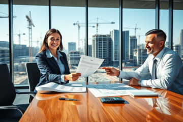 Businesswoman finalizing mortgage loan with loan officer in modern office overlooking major commercial construction site