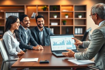 Young professional couple consulting a bank loan officer in a modern office for a secured personal loan application with fast access