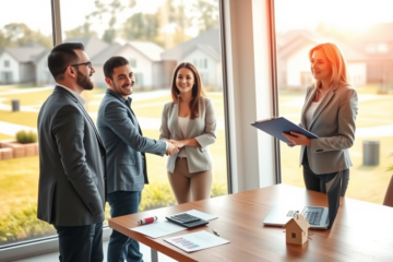 Young couple confidently finalizing home-buying loans with a loan officer in a bright, modern real estate office