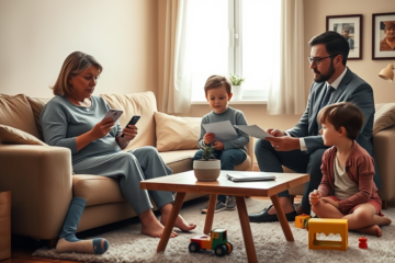 Mother receiving fast support from a loan advisor in a warm family living room with children playing quietly nearby