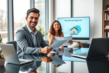 Professional handing contract to smiling couple in modern real estate office showing fast personal credit for real estate investments