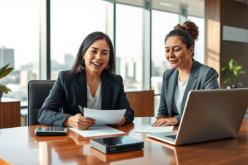 A woman consulting a loan officer in a bright bank office during a Fairstone personal loan application up to $25,000