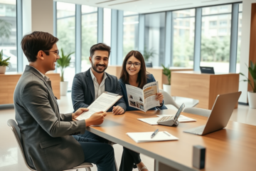 Young professional couple consulting a bank officer about a personal loan application for major expenses in a modern, bright bank branch