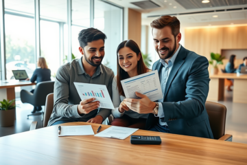 Young multicultural couple consulting a financial advisor in a modern bank discussing RBC personal loan flexible borrowing options
