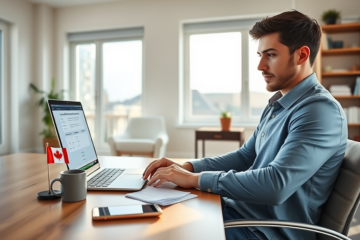 Young Canadian adult applying for a loan online at home desk with laptop, financial documents, and Canadian flag