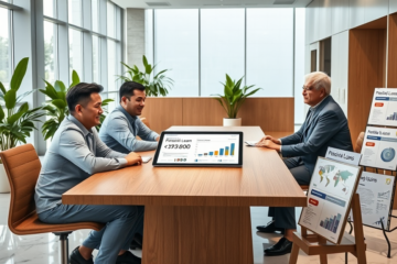 Modern bank interior with diverse clients consulting a representative about flexible personal loan options in a bright, welcoming financial setting.