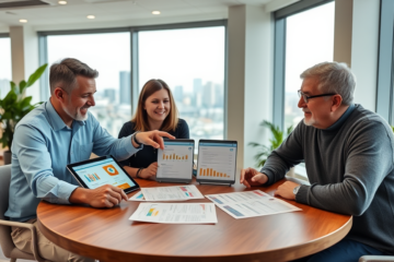 Three adults in a modern Canadian office comparing personal loan options with charts and documents, focusing on TD loan terms and rates