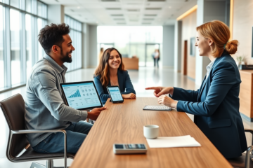 Diverse couple consulting a loan officer about personal loan options in a bright, modern bank with calm, professional atmosphere
