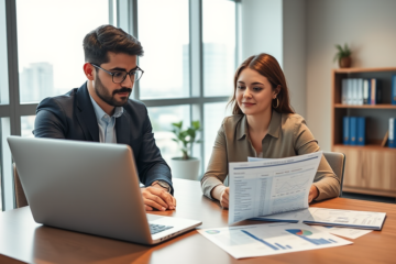 Young adult couple reviewing personal loan options and comparing rates and terms in a professional office setting with laptop and financial documents
