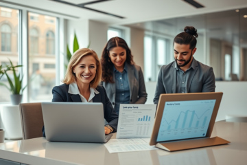 Modern bank office with financial advisor and young couple discussing Fairstone secured personal loan rates, terms, and approval process