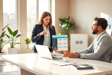 Diverse couple consulting a financial advisor in a modern office comparing personal loan options up to $35,000 on a laptop and tablet