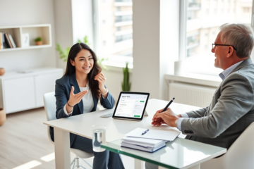 Young professional woman assisting middle-aged man with fast personal loan application in a bright, modern financial office