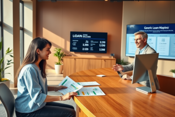 Young woman and bank advisor reviewing and comparing personal loan options in a modern bank with digital screens and natural daylight