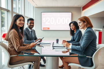 Diverse adults consulting a loan officer in a modern Canadian bank lobby for fast credit loans up to $20,000