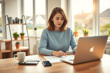 Woman reviewing personal finances in a bright home office, illustrating flexible borrowing options for unexpected expenses