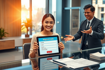 Young woman at modern bank desk applying for Magical Credit personal loan with staff assistance and fast funding emphasis