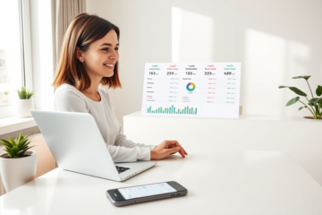 Young professional woman using laptop in bright home office comparing loan terms online for faster application process