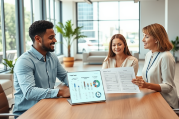 A diverse couple consults a professional advisor at a modern bank to compare personal loan options confidently in a bright, welcoming setting.